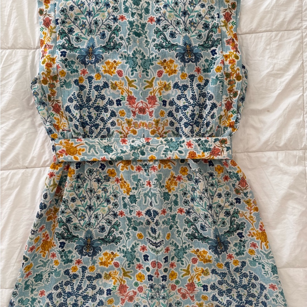 Ranna Gill Floral Belted Sleeveless Romper in Aqua Blue, Yellow & Green - Picture 5 of 14